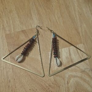 Handmade Gold Triangle Drop Earrings with Brown Beads & Shell Accent